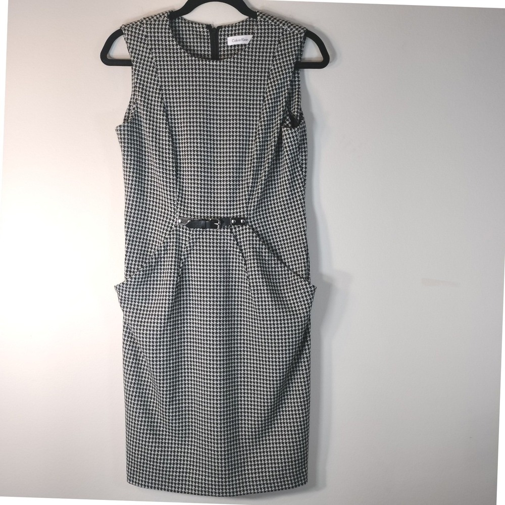 Calvin Klein Black White Houndstooth Sleeveless Sheath Dress with Pockets Size 6